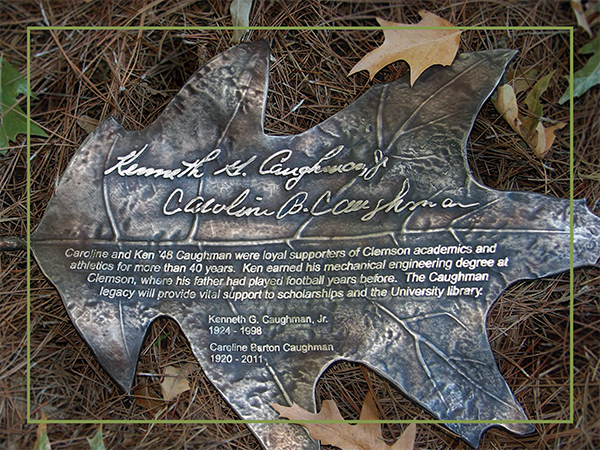 Bronze oak leaf in honor of Kenneth G. Caughman, Jr. and Caroline Barton Caughman.