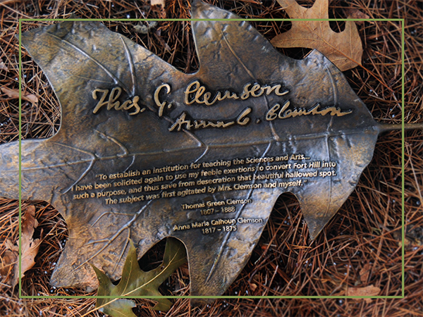 Bronze oak leaf in honor of Thomas Green Clemson and Anna Maria Calhoun Clemson.