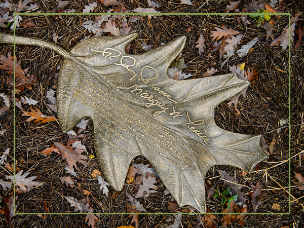 Bronze oak leaf in honor of R. Roy and Margery W. Pearce.