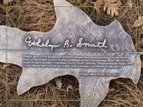 Bronze oak leaf in honor of Ethelyn Berry Smith.