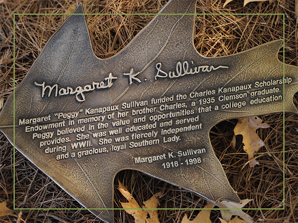 Bronze oak leaf in honor of Margaret K. Sullivan.